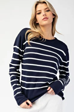 Blaire Long Sleeve Stripe Print Sweater Navy