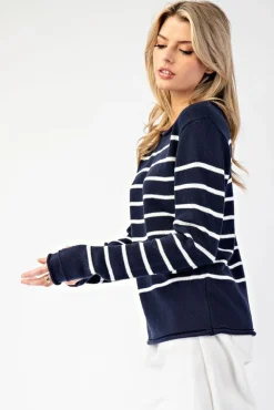Blaire Long Sleeve Stripe Print Sweater Navy
