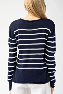Blaire Long Sleeve Stripe Print Sweater Navy