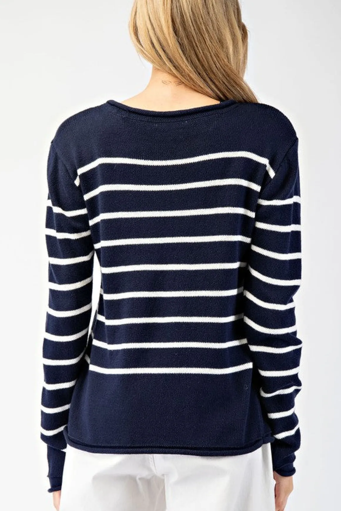 Blaire Long Sleeve Stripe Print Sweater Navy