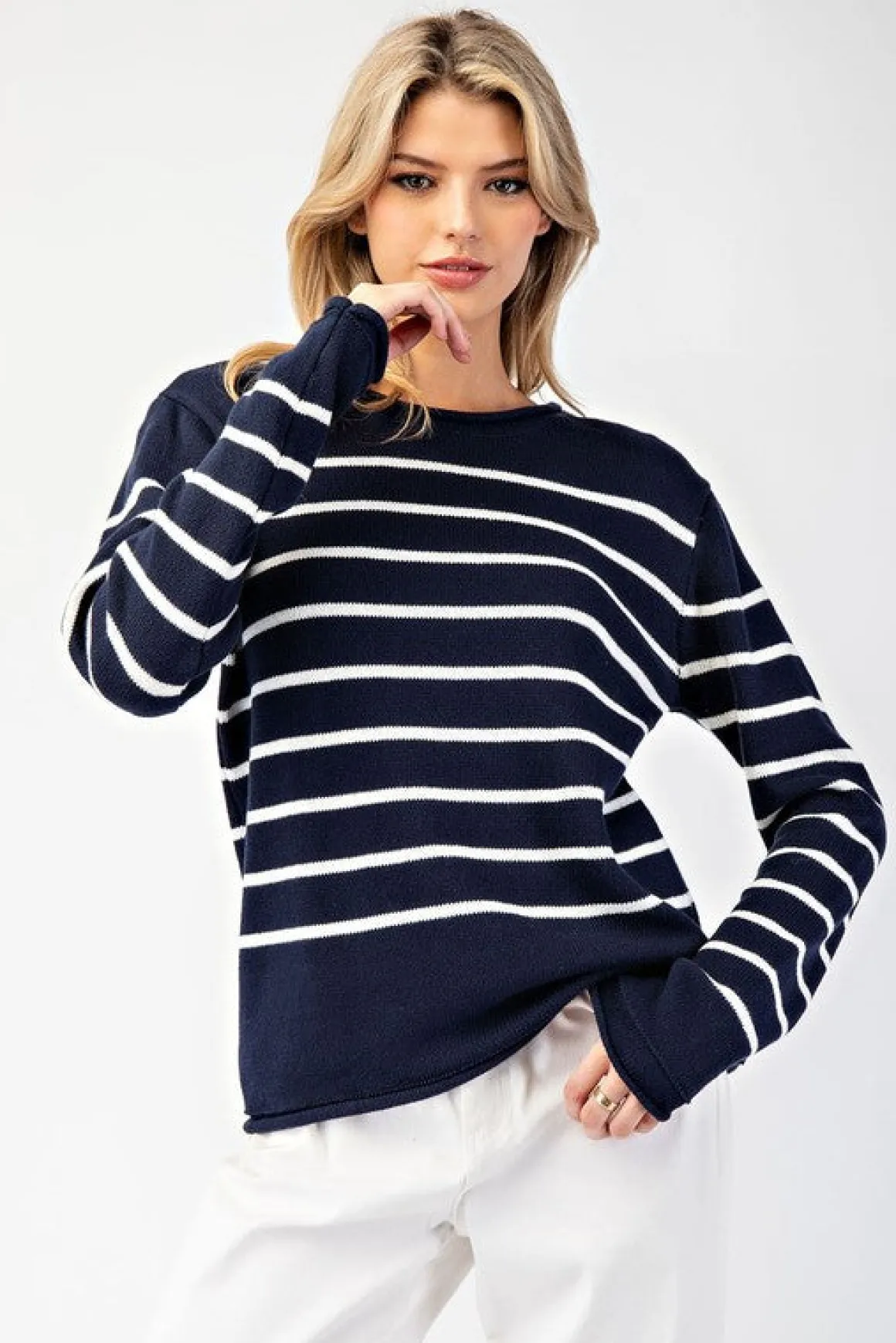 Blaire Long Sleeve Stripe Print Sweater Navy