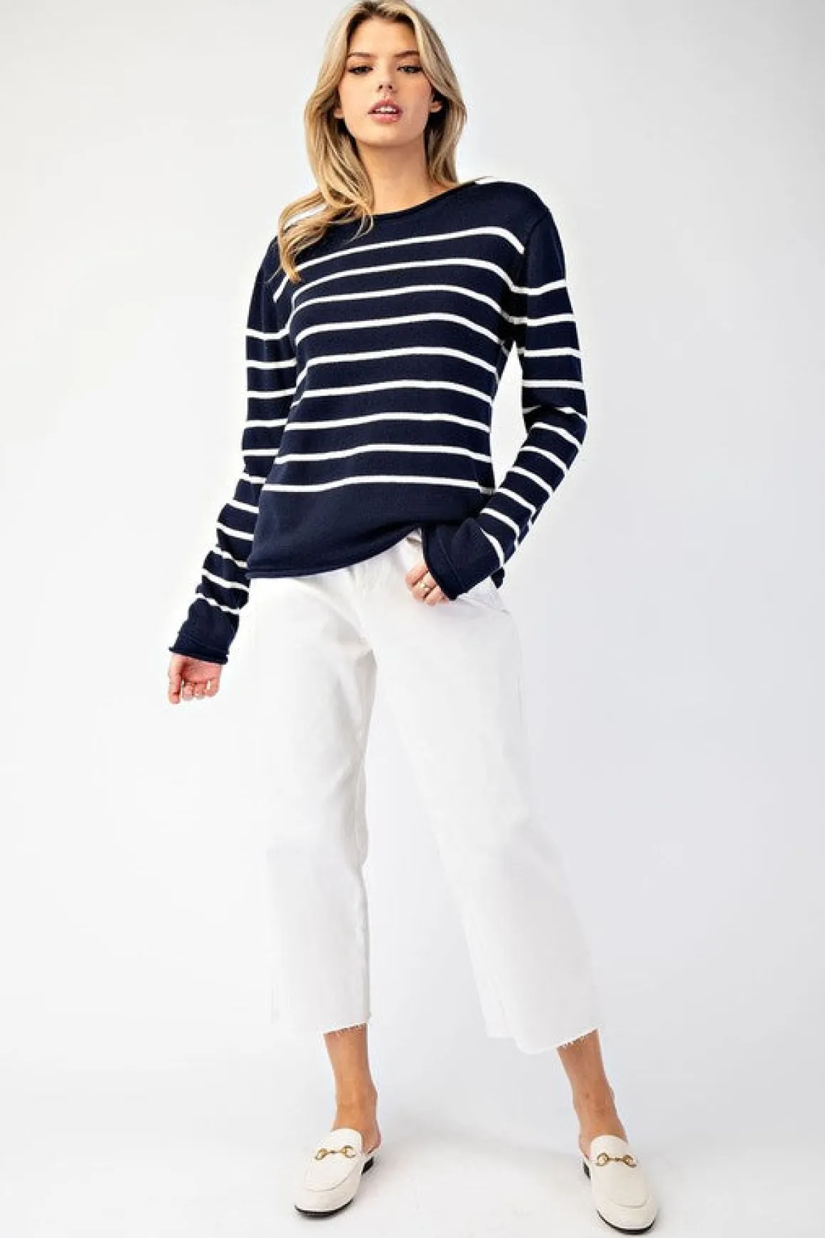 Blaire Long Sleeve Stripe Print Sweater Navy