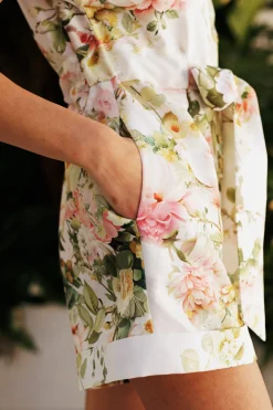Blakely Short Sleeve Waist Tie Floral Romper White