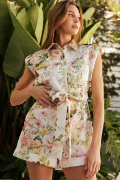 Blakely Short Sleeve Waist Tie Floral Romper White