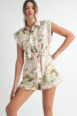 Blakely Short Sleeve Waist Tie Floral Romper White