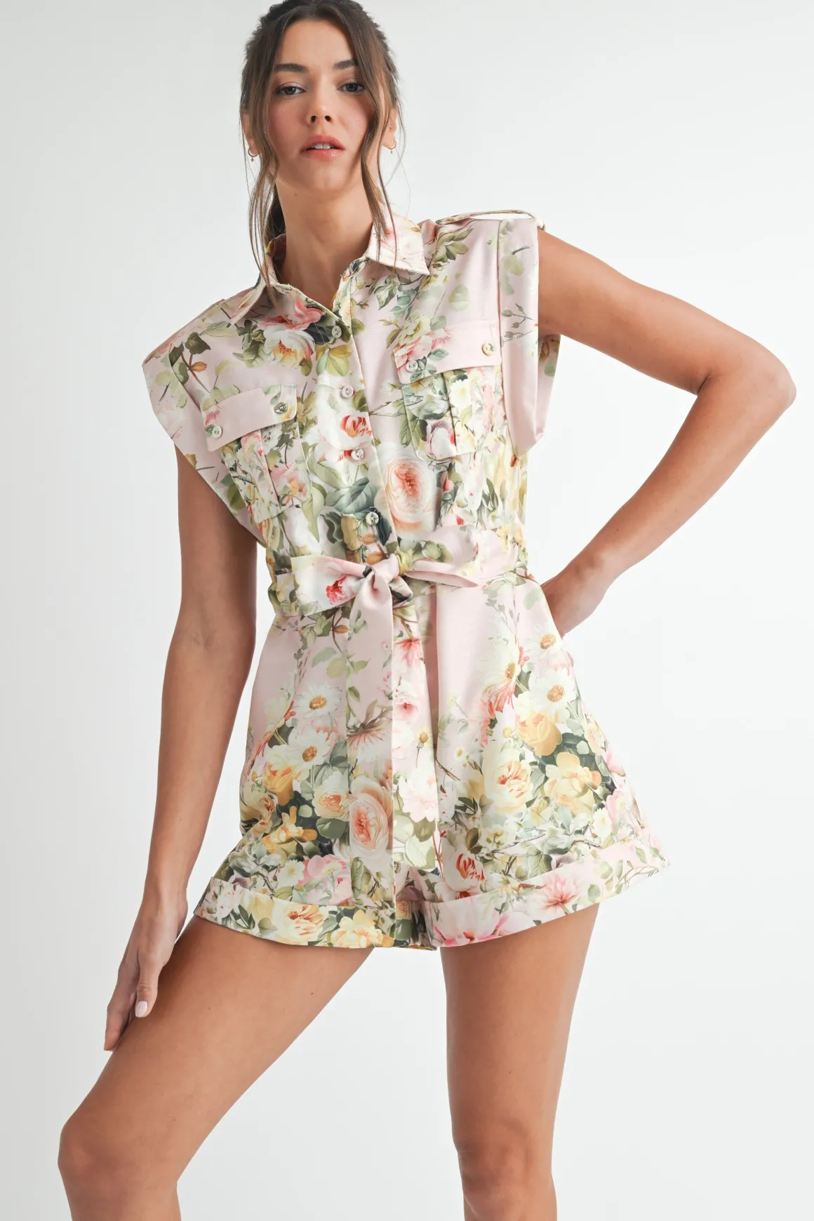 Blakely Short Sleeve Waist Tie Floral Romper White