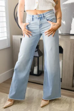 Bradley High Rise Raw Hem Wide Leg Jeans Light Wash