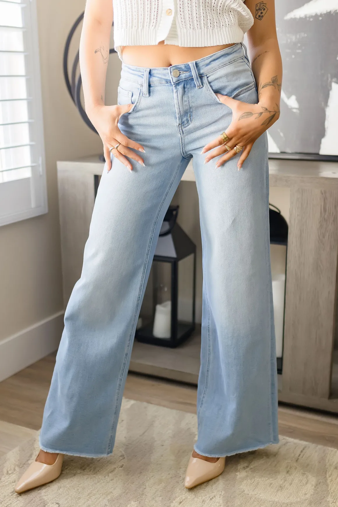 Bradley High Rise Raw Hem Wide Leg Jeans Light Wash