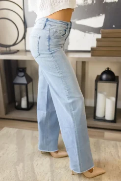 Bradley High Rise Raw Hem Wide Leg Jeans Light Wash