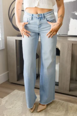 Bradley High Rise Raw Hem Wide Leg Jeans Light Wash