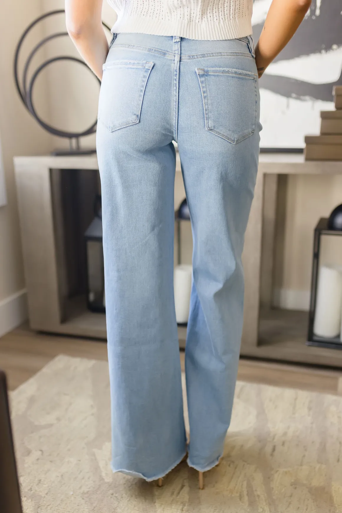 Bradley High Rise Raw Hem Wide Leg Jeans Light Wash