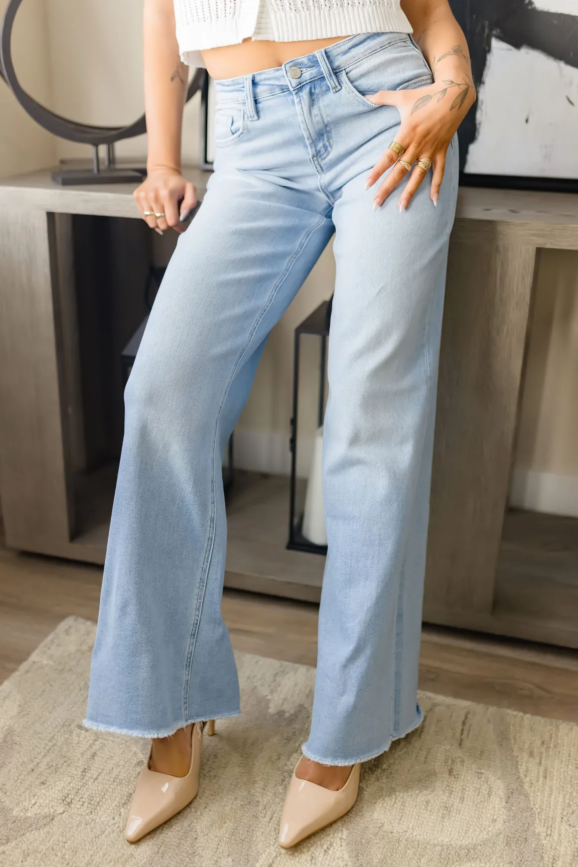 Bradley High Rise Raw Hem Wide Leg Jeans Light Wash