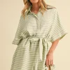 Brandy Short Sleeve Waist Tie Stripe Print Romper Mint