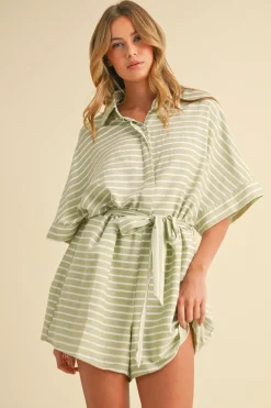 Brandy Short Sleeve Waist Tie Stripe Print Romper Mint
