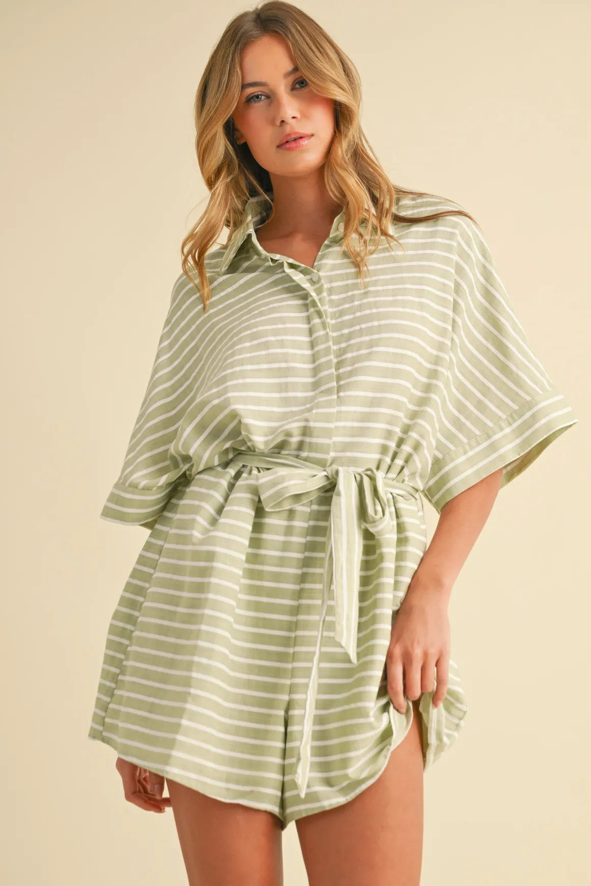 Brandy Short Sleeve Waist Tie Stripe Print Romper Mint