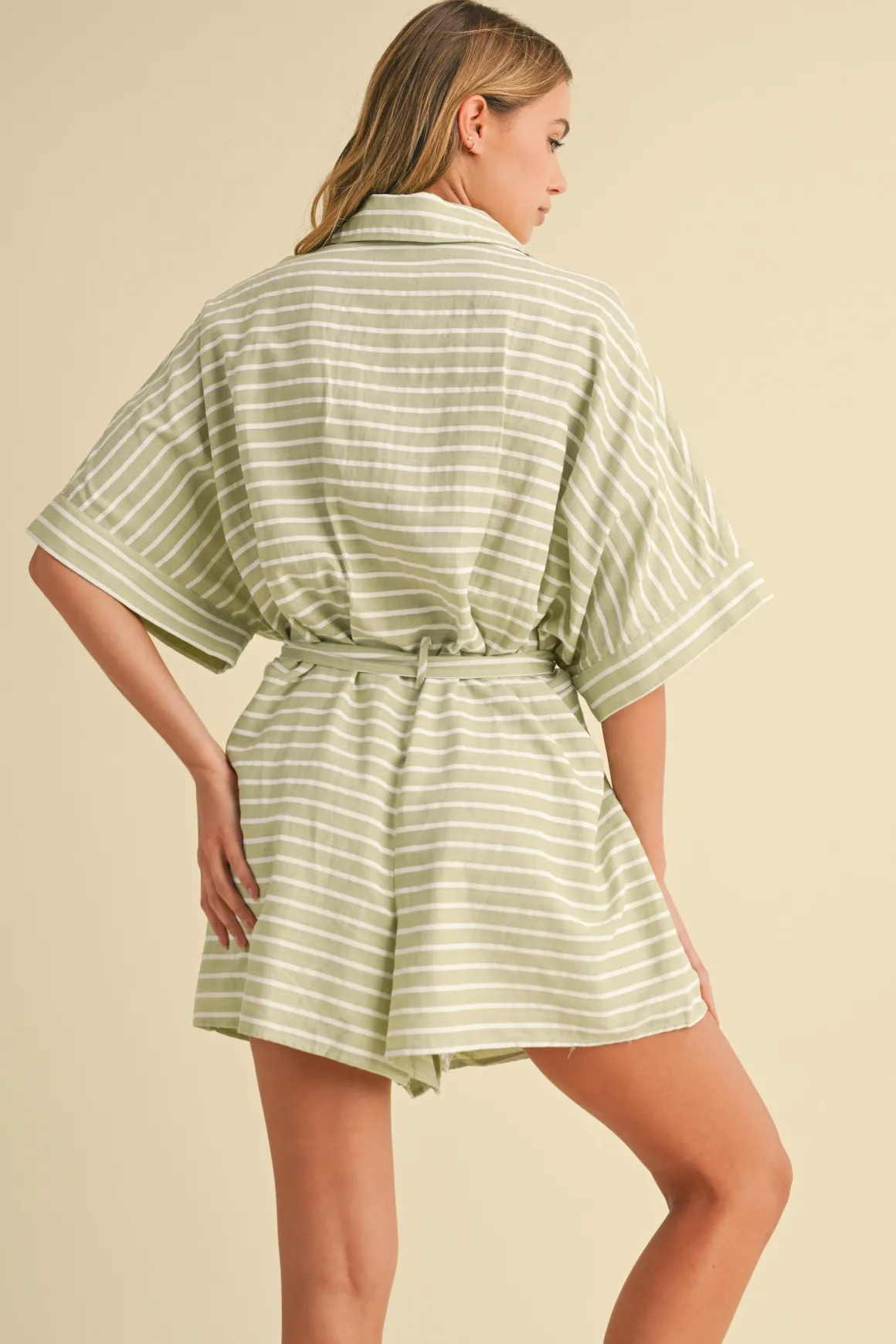 Brandy Short Sleeve Waist Tie Stripe Print Romper Mint