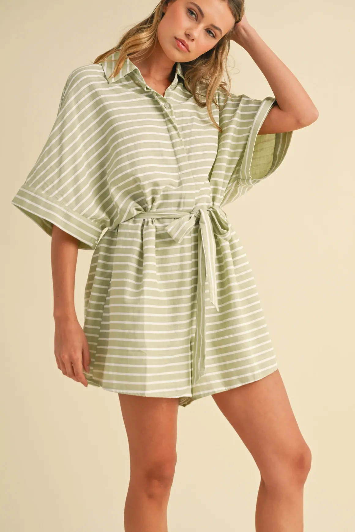 Brandy Short Sleeve Waist Tie Stripe Print Romper Mint