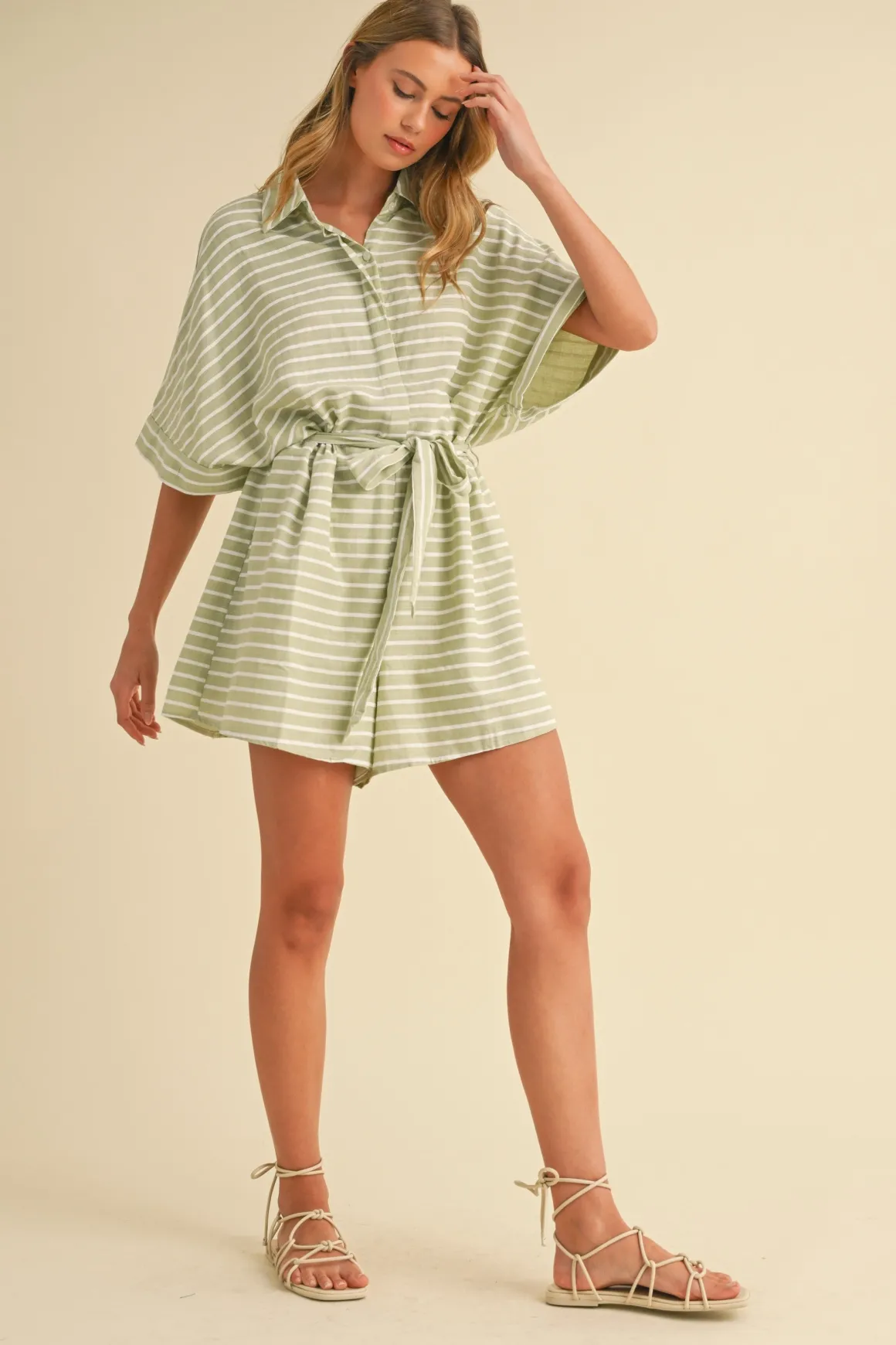 Brandy Short Sleeve Waist Tie Stripe Print Romper Mint