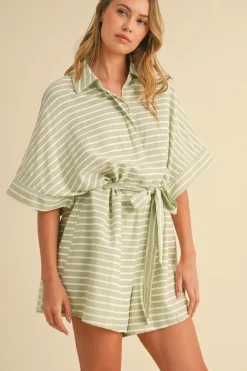Brandy Short Sleeve Waist Tie Stripe Print Romper Mint