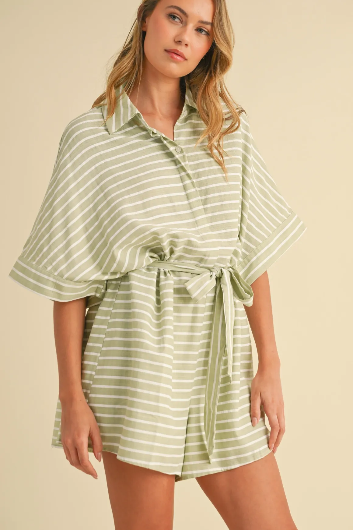 Brandy Short Sleeve Waist Tie Stripe Print Romper Mint