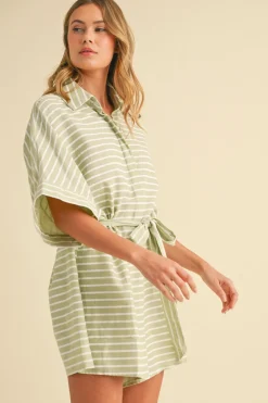 Brandy Short Sleeve Waist Tie Stripe Print Romper Mint