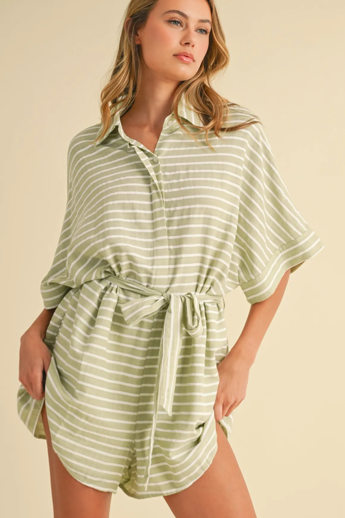 Brandy Short Sleeve Waist Tie Stripe Print Romper Mint