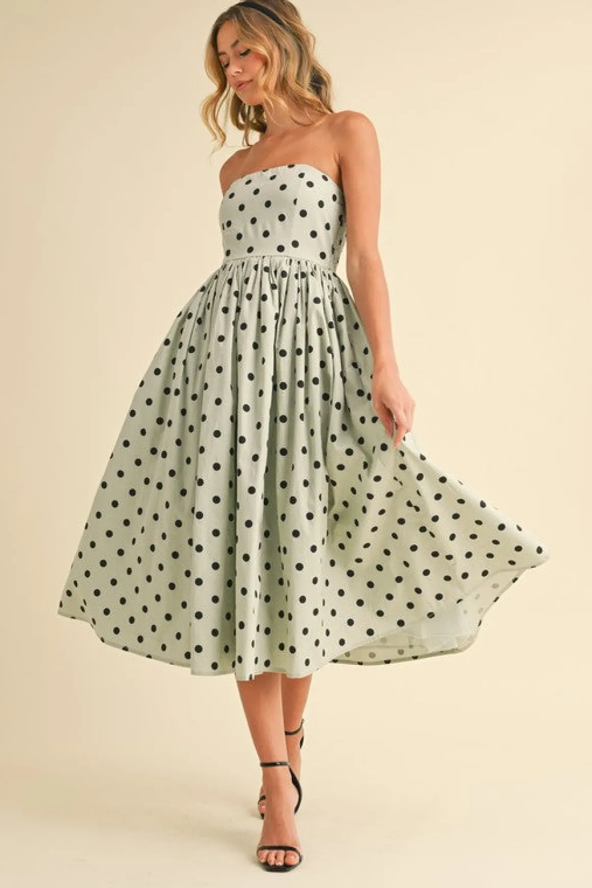 Bridgette Sleeveless Polka Dot Print Flared Midi Dress Mint