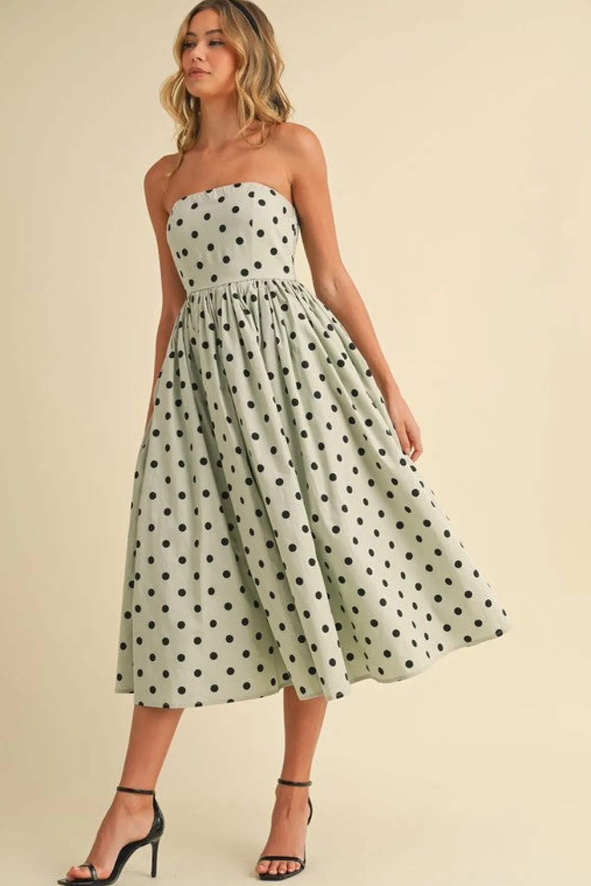 Bridgette Sleeveless Polka Dot Print Flared Midi Dress Mint