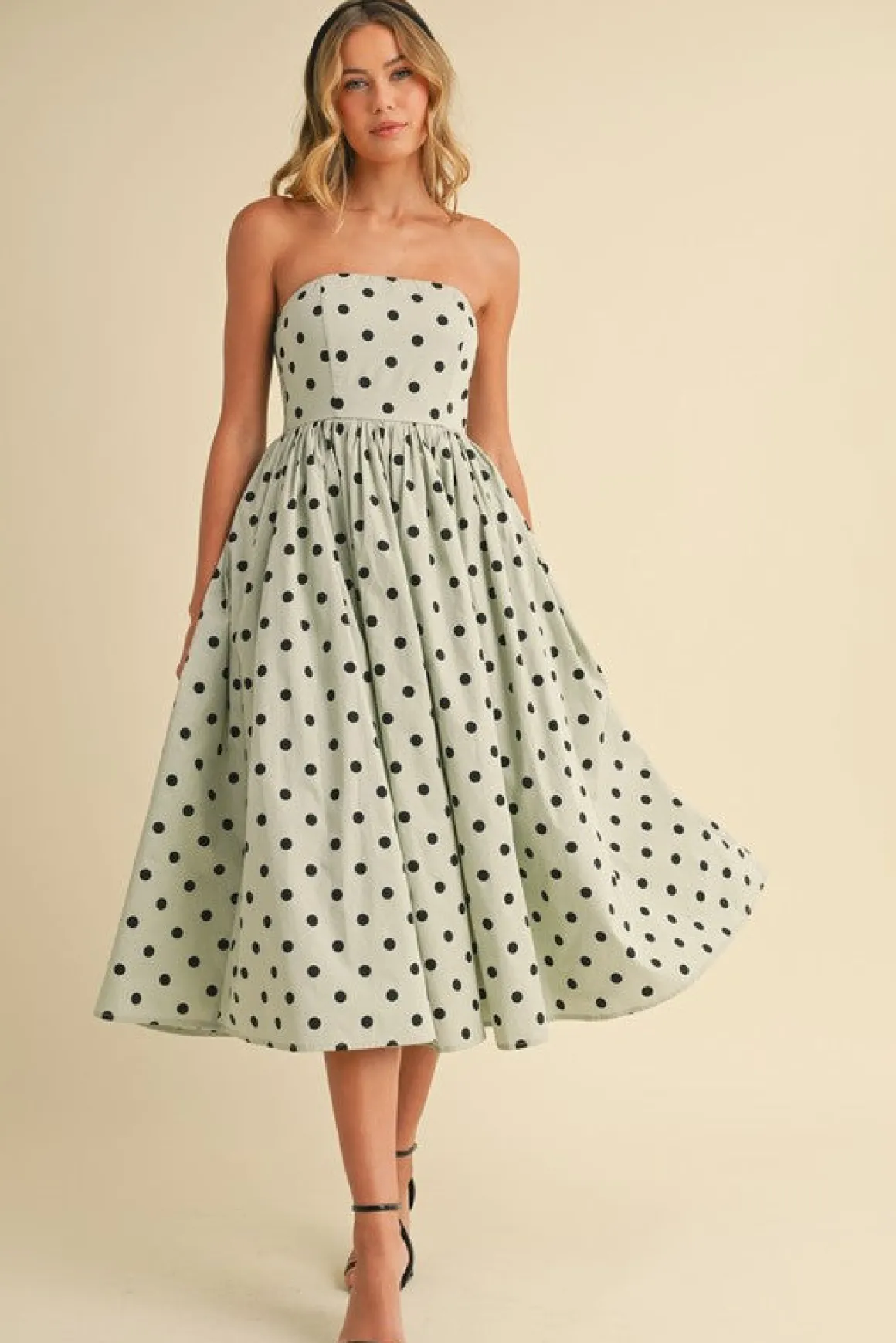Bridgette Sleeveless Polka Dot Print Flared Midi Dress Mint