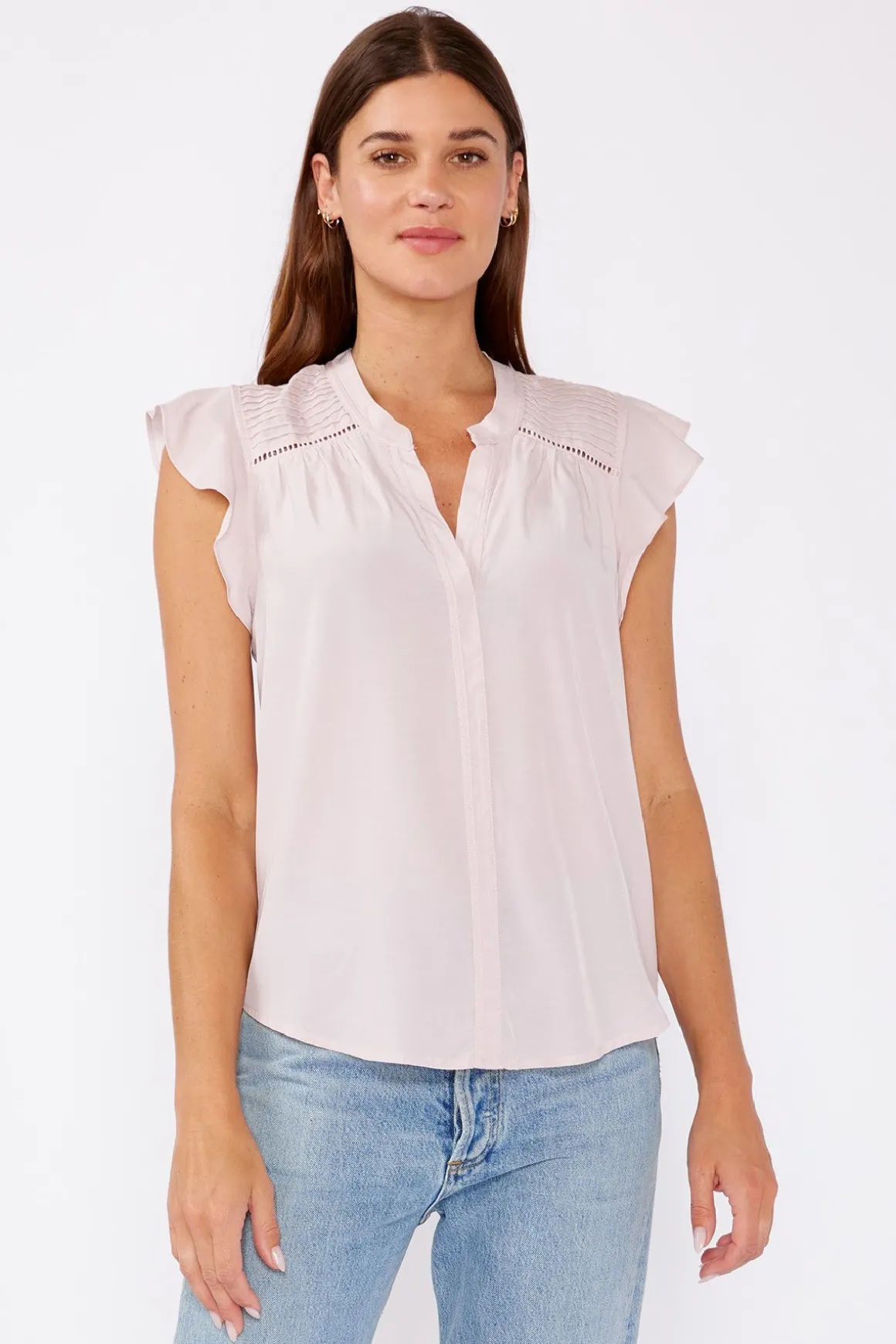 Brielle Short Flutter Sleeve Pintuck Top Blush