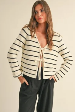 Brisa Long Sleeve Bow Tie Stripe Print Cardigan Sweater White