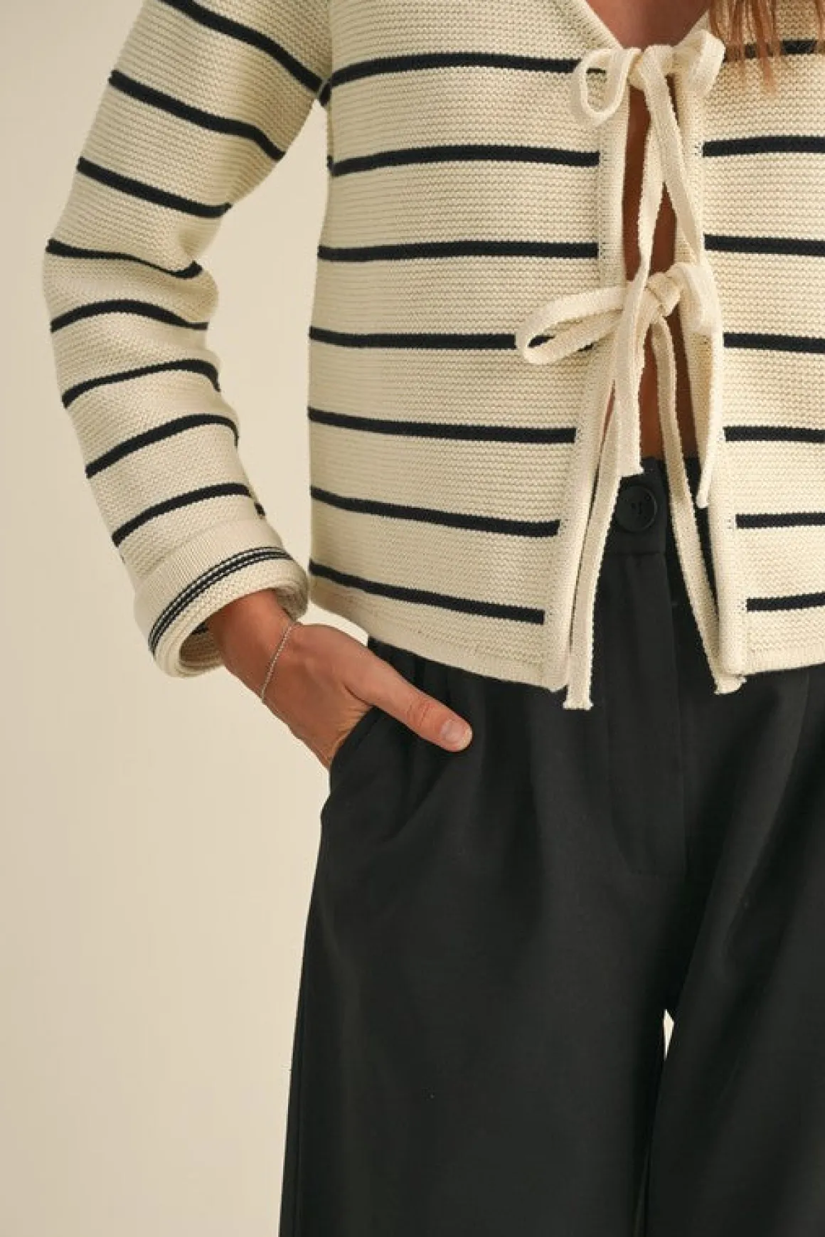 Brisa Long Sleeve Bow Tie Stripe Print Cardigan Sweater White