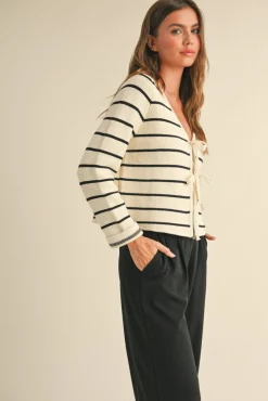 Brisa Long Sleeve Bow Tie Stripe Print Cardigan Sweater White