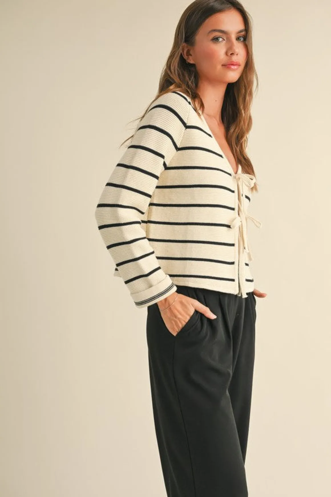 Brisa Long Sleeve Bow Tie Stripe Print Cardigan Sweater White