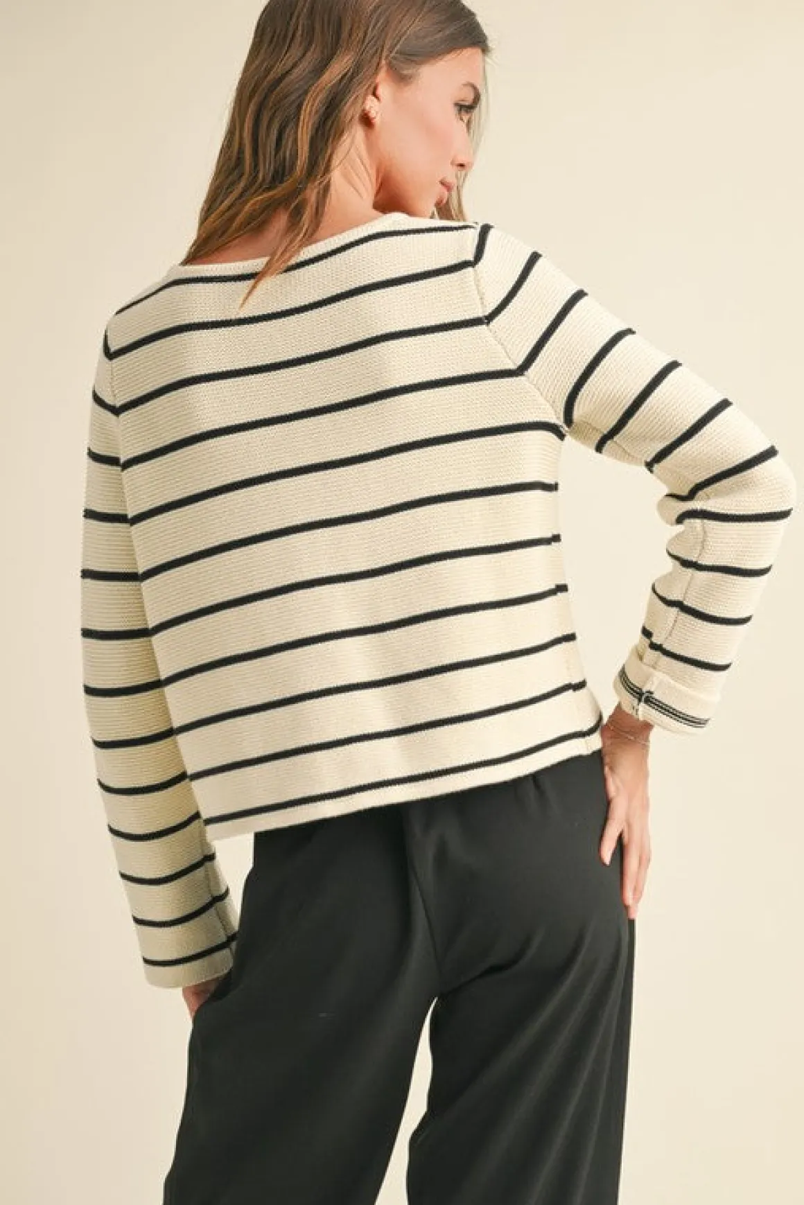 Brisa Long Sleeve Bow Tie Stripe Print Cardigan Sweater White