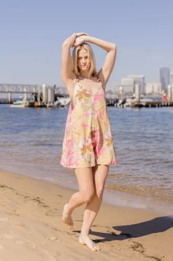 Brittany Sleeveless Back Tie Tropical Patch Print Romper Pink