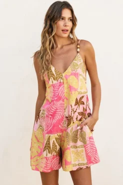 Brittany Sleeveless Back Tie Tropical Patch Print Romper Pink