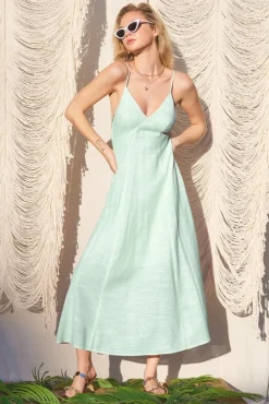 Britton Sleeveless Open Back Stripe Linen Maxi Dress Green