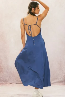 Britton Sleeveless Open Back Linen Maxi Dress Navy