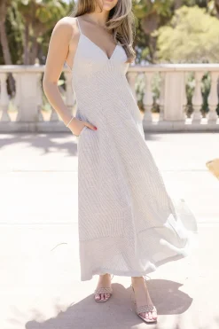 Britton Sleeveless Open Back Stripe Linen Maxi Dress Grey