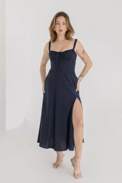 Brooklyn Sleeveless Corset Midi Dress Navy
