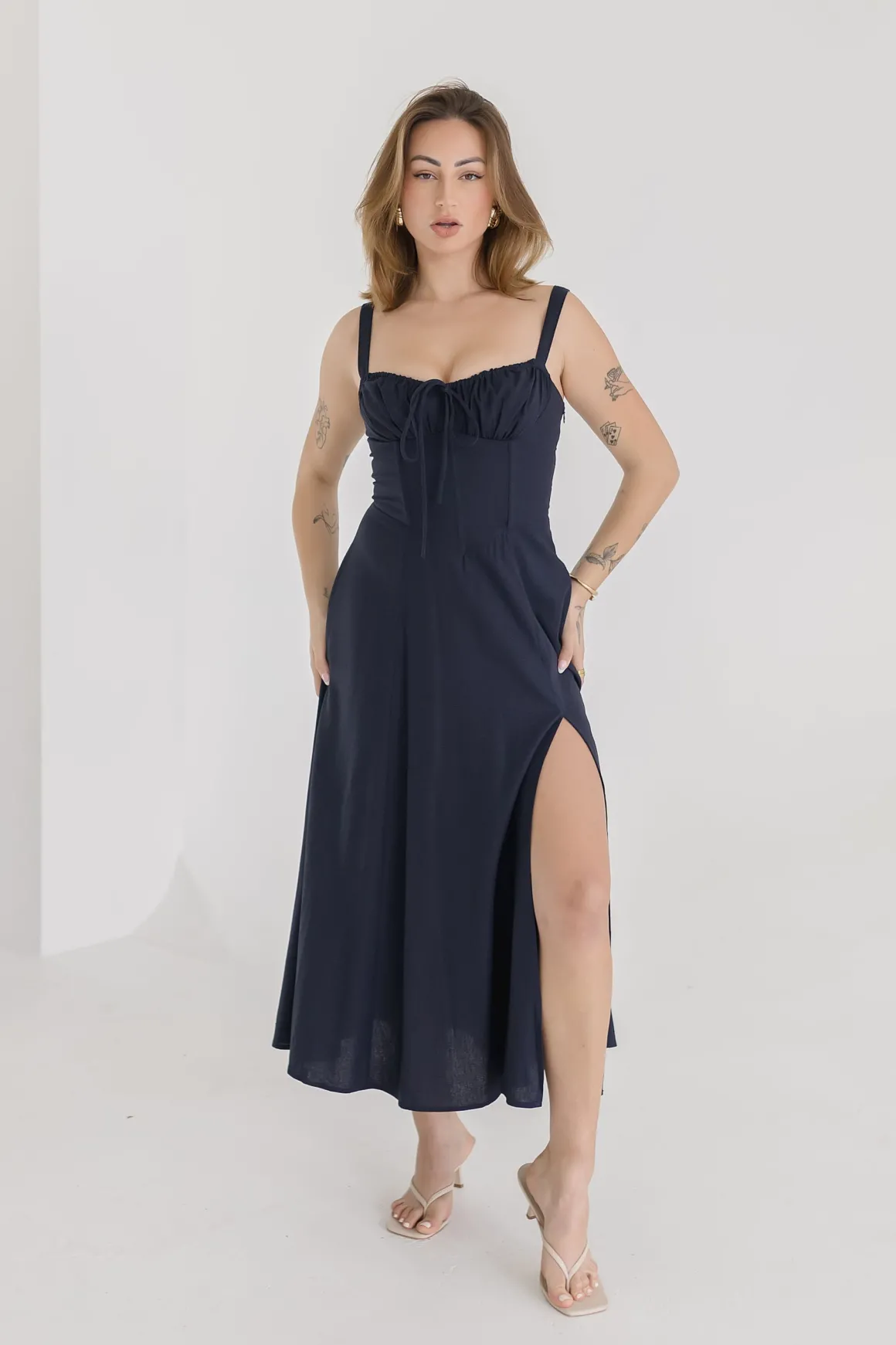 Brooklyn Sleeveless Corset Midi Dress Navy
