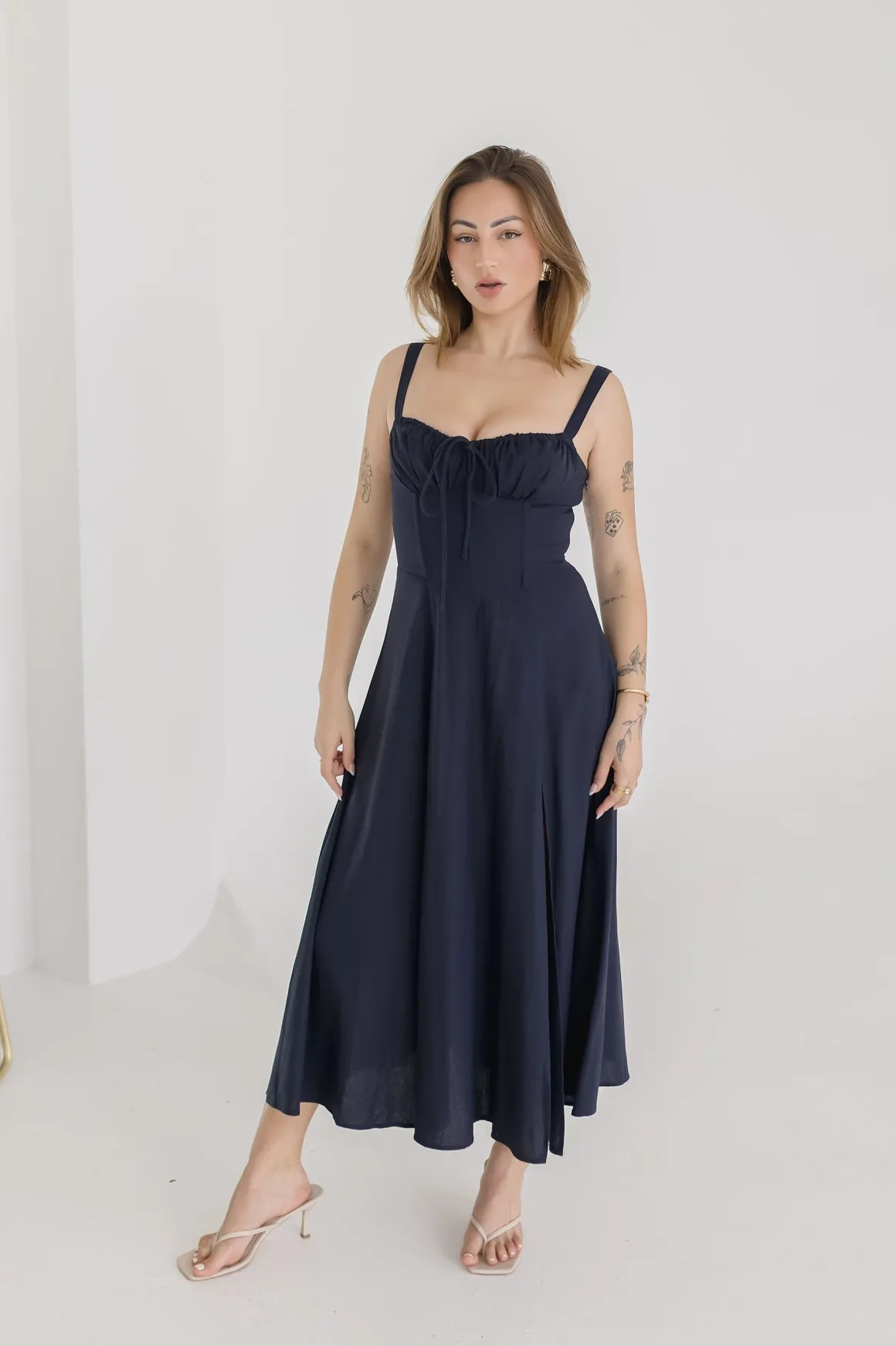 Brooklyn Sleeveless Corset Midi Dress Navy