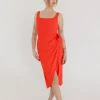 Brynn Sleeveless Tulip Hem Wrap Linen Midi Dress Red