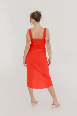 Brynn Sleeveless Tulip Hem Wrap Linen Midi Dress Red