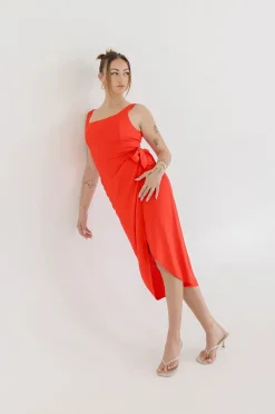 Brynn Sleeveless Tulip Hem Wrap Linen Midi Dress Red