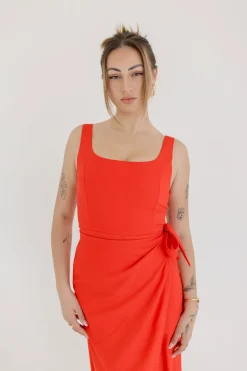 Brynn Sleeveless Tulip Hem Wrap Linen Midi Dress Red