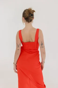 Brynn Sleeveless Tulip Hem Wrap Linen Midi Dress Red