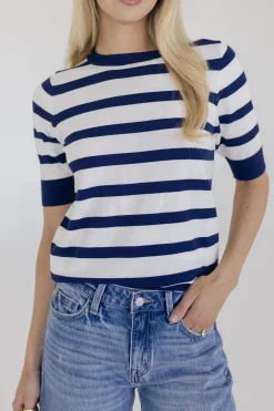 Cameron Short Sleeve Stripe Print Sweater Top Navy