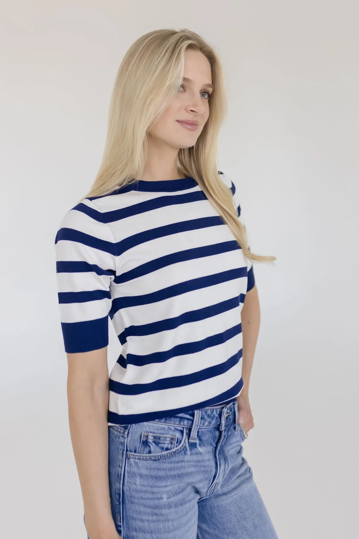 Cameron Short Sleeve Stripe Print Sweater Top Navy